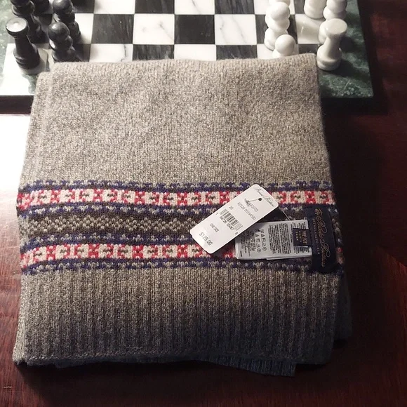 Brooks Brothers Merino Wool Fair Isle Hat & Scarf Set Grey BNWT $200 LtdEd SO